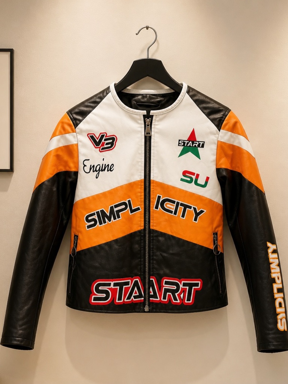 Source Unknown Black White Orange Racing Patchwork Leather Jacket